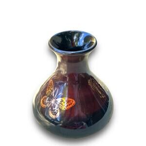 Butterfly Pottery Bud Vase in Black & Burgundy Glaze with 18k Genuine Gold